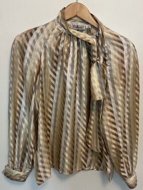 Vintage Raffinati Striped Tie-Neck Blouse Size 10. Earth Tone Diagonal Stripe